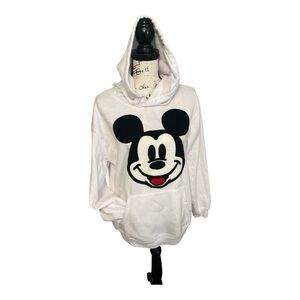 Disney White Pullover Hoodie Mickey Mouse Crochet Design Cozy Long Sleeves Sz L